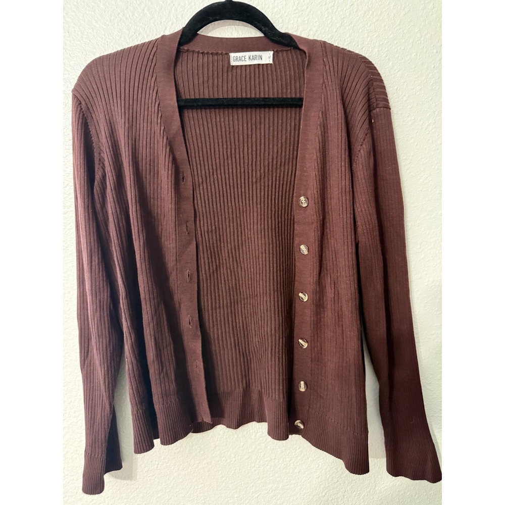 Grace Karin Brown Ribbed Knit Cardigan Button Front V-Neck Sweater XL